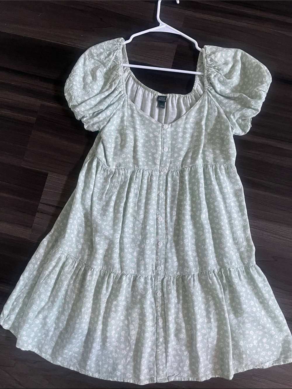 wild fable Light Green Floral Button-Front Puff Sleeve Dress
